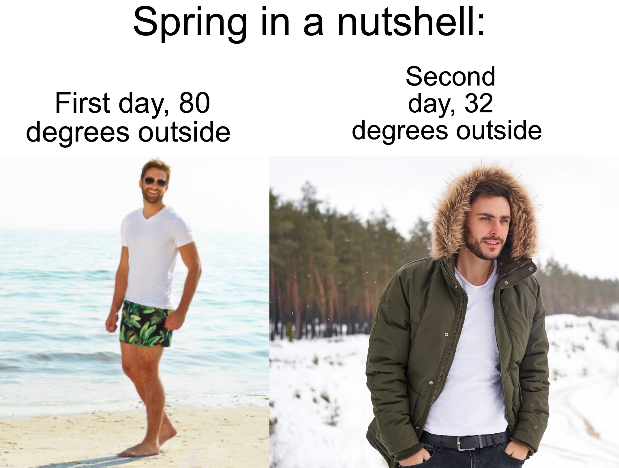 It’s always in the middle of the seasons changing, in fact, it’s 86 today here and next week will be the 50’s and 60’s | Spring in a nutshell:; Second day, 32 degrees outside; First day, 80 degrees outside | image tagged in memes,funny,true story,seasons,weather,relatable memes | made w/ Imgflip meme maker