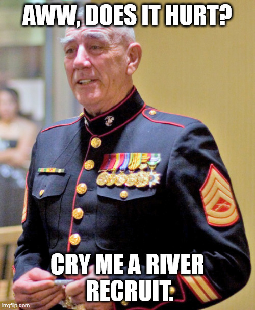 My Heart Bleeds For You | AWW, DOES IT HURT? CRY ME A RIVER
 RECRUIT. | image tagged in marines,tough,funny | made w/ Imgflip meme maker