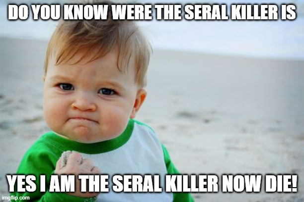 yoy that kid | DO YOU KNOW WERE THE SERAL KILLER IS; YES I AM THE SERAL KILLER NOW DIE! | image tagged in memes,success kid original | made w/ Imgflip meme maker