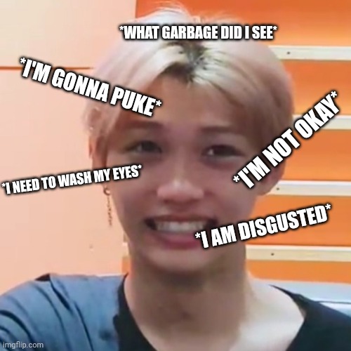 Very random | *WHAT GARBAGE DID I SEE*; *I'M GONNA PUKE*; *I'M NOT OKAY*; *I NEED TO WASH MY EYES*; *I AM DISGUSTED* | image tagged in skz felix cringing,memes,kpop,meme,funny meme,reaction gifs | made w/ Imgflip meme maker