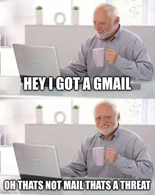POV you have a opinion on twitter | HEY I GOT A GMAIL; OH THATS NOT MAIL THATS A THREAT | image tagged in memes,hide the pain harold | made w/ Imgflip meme maker