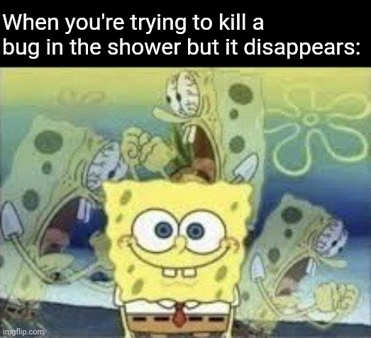 Based off a true story | When you're trying to kill a bug in the shower but it disappears: | image tagged in spongebob internal screaming,memes,challenge,scared,bugs,run away | made w/ Imgflip meme maker