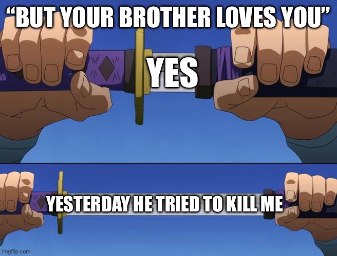 unsheathe sword | “BUT YOUR BROTHER LOVES YOU”; YES; YESTERDAY HE TRIED TO KILL ME | image tagged in unsheathe sword | made w/ Imgflip meme maker