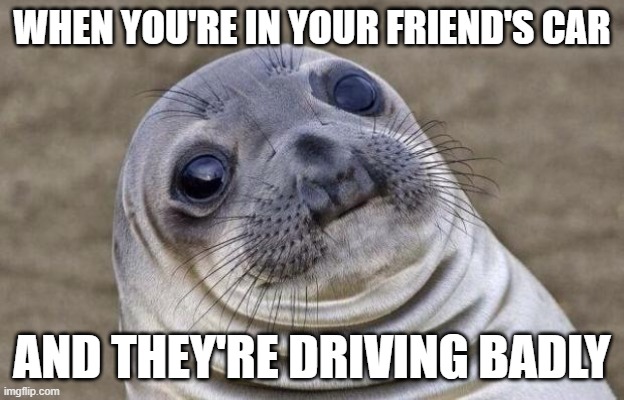 Awkward Moment Sealion | WHEN YOU'RE IN YOUR FRIEND'S CAR; AND THEY'RE DRIVING BADLY | image tagged in memes,awkward moment sealion,AdviceAnimals | made w/ Imgflip meme maker