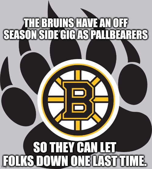 Thanks Boston Bruins for once having hope... | THE BRUINS HAVE AN OFF SEASON SIDE GIG AS PALLBEARERS; SO THEY CAN LET FOLKS DOWN ONE LAST TIME. | image tagged in bruins,boston,hockey,sports | made w/ Imgflip meme maker