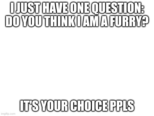 I JUST HAVE ONE QUESTION:
DO YOU THINK I AM A FURRY? IT'S YOUR CHOICE PPLS | made w/ Imgflip meme maker