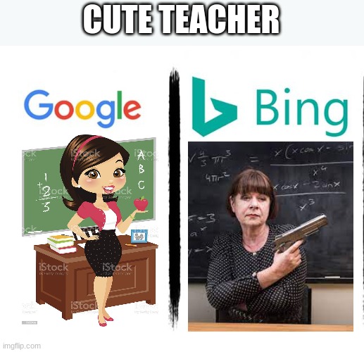 Google v. Bing | CUTE TEACHER | image tagged in google v bing,google,bing,meme,funny | made w/ Imgflip meme maker