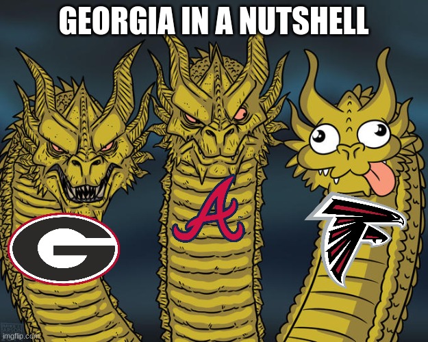 The Falcons suck | GEORGIA IN A NUTSHELL | image tagged in three-headed dragon,georgia,atlanta falcons,braves | made w/ Imgflip meme maker
