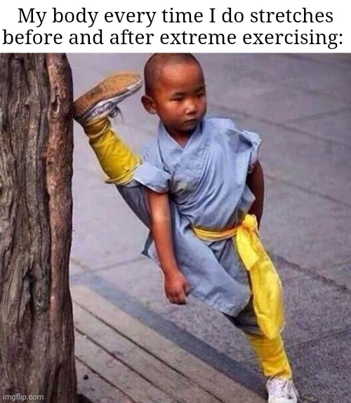 Stretches | My body every time I do stretches before and after extreme exercising: | image tagged in chinese boy stretching,exercise,funny,memes,blank white template,stretch | made w/ Imgflip meme maker