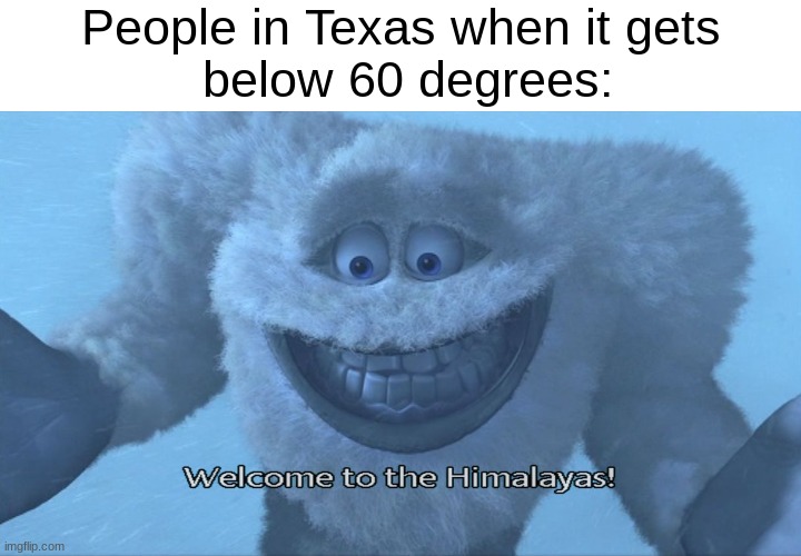 Welcome to the himalayas | People in Texas when it gets
 below 60 degrees: | image tagged in welcome to the himalayas,cold,funny | made w/ Imgflip meme maker
