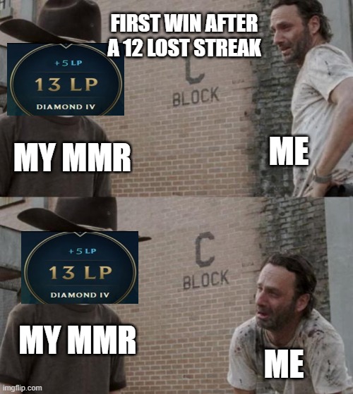 LoL MMR | FIRST WIN AFTER A 12 LOST STREAK; ME; MY MMR; MY MMR; ME | image tagged in memes,rick and carl | made w/ Imgflip meme maker