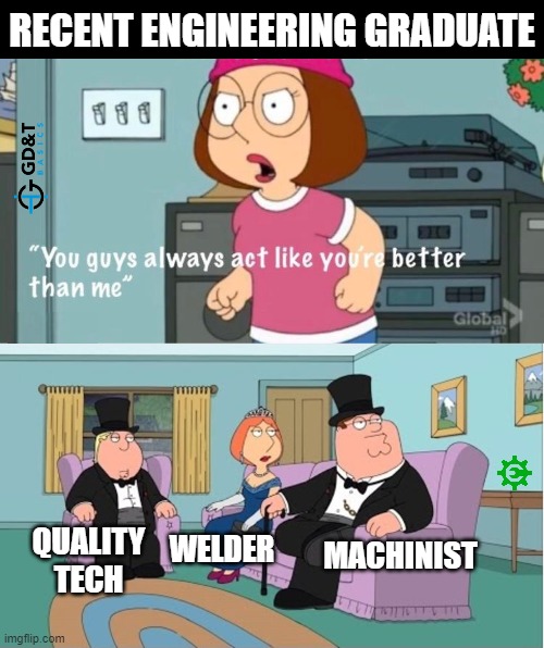 You guys always act like you're better than me | RECENT ENGINEERING GRADUATE; WELDER; QUALITY TECH; MACHINIST | image tagged in you guys always act like you're better than me,manufacturing,production,engineer,engineering | made w/ Imgflip meme maker