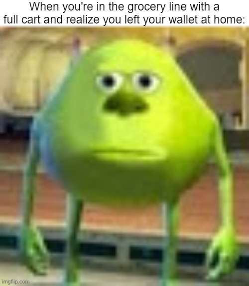 Oh no. | When you're in the grocery line with a full cart and realize you left your wallet at home: | image tagged in sully wazowski,relatable memes,memes,funny,grocery store,wallet | made w/ Imgflip meme maker
