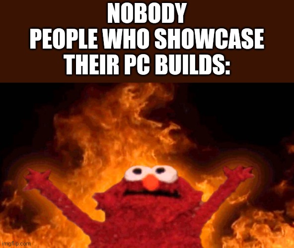 Still can't handle rtx on | NOBODY
PEOPLE WHO SHOWCASE THEIR PC BUILDS: | image tagged in elmo fire,memes,funny,pc,nobody | made w/ Imgflip meme maker