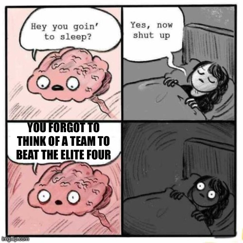 You going to sleep? | YOU FORGOT TO THINK OF A TEAM TO BEAT THE ELITE FOUR | image tagged in hey you going to sleep,pokemon | made w/ Imgflip meme maker