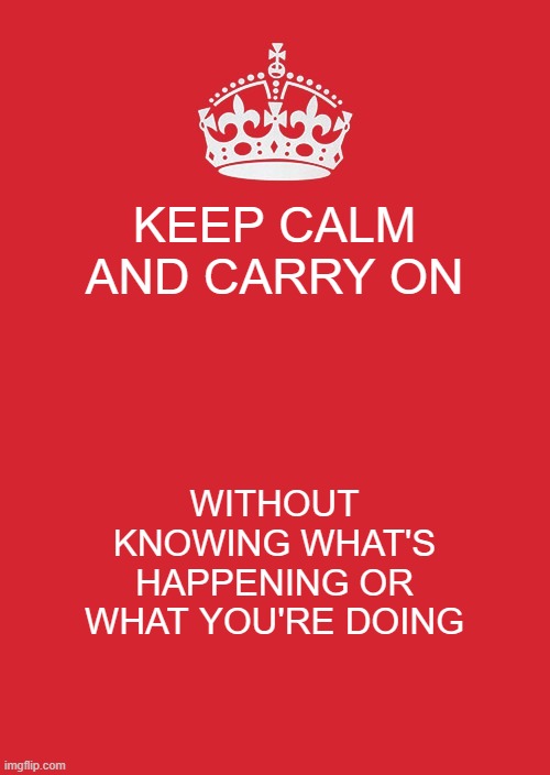 when does anyone know what's happening? | KEEP CALM AND CARRY ON; WITHOUT KNOWING WHAT'S HAPPENING OR WHAT YOU'RE DOING | image tagged in memes,keep calm and carry on red | made w/ Imgflip meme maker