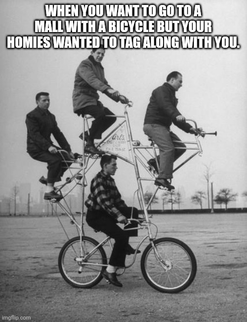 bicycle | WHEN YOU WANT TO GO TO A MALL WITH A BICYCLE BUT YOUR HOMIES WANTED TO TAG ALONG WITH YOU. | image tagged in memes,biker,bros | made w/ Imgflip meme maker