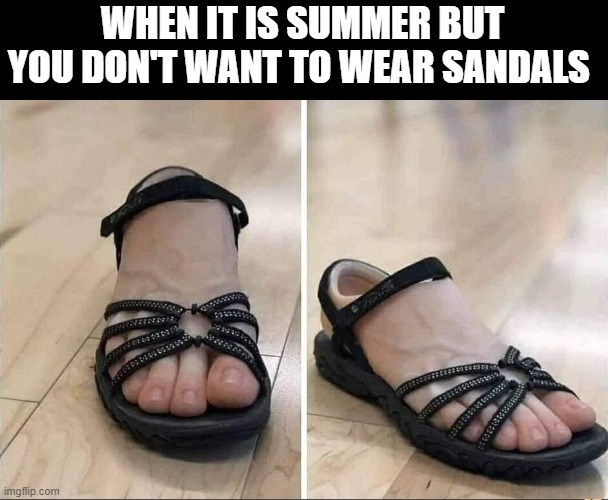 good solution | WHEN IT IS SUMMER BUT YOU DON'T WANT TO WEAR SANDALS | image tagged in sandals,memes,funny,summer,feet | made w/ Imgflip meme maker