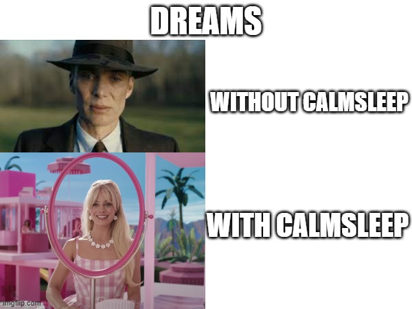 First meme | DREAMS; WITHOUT CALMSLEEP; WITH CALMSLEEP | image tagged in barbie meme week | made w/ Imgflip meme maker