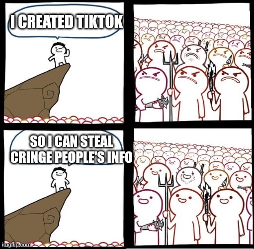 Tiktok creator actually steals info from cringey people | I CREATED TIKTOK; SO I CAN STEAL CRINGE PEOPLE'S INFO | image tagged in angry crowd,tiktok,tik tok,information,tags,unnecessary tags | made w/ Imgflip meme maker