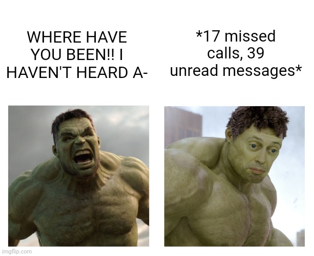 Mom? | *17 missed calls, 39 unread messages*; WHERE HAVE YOU BEEN!! I HAVEN'T HEARD A- | image tagged in hulk angry then realizes he's wrong | made w/ Imgflip meme maker