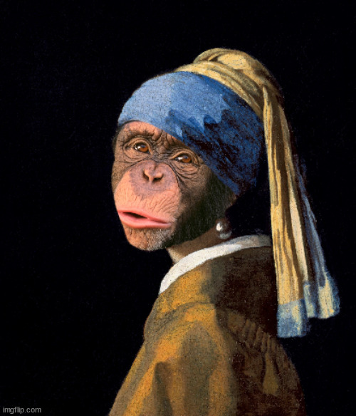 Chimpanzee with a Pearl Earring | image tagged in chimpanzee,chimp,monkey,pearl,funny,memes | made w/ Imgflip meme maker