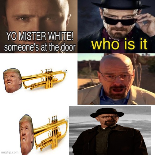 waltuh white meets donald trump-et | image tagged in yo mister white someone s at the door,trumpet,donald trump,walter white,trump | made w/ Imgflip meme maker
