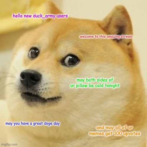 The doge of luck | hello new duck_army users; welcome to this amazing stream; may both sides of ur pillow be cold tonight; may you have a great doge day; and may all of ur memes get 100 upvotes | image tagged in memes,doge | made w/ Imgflip meme maker