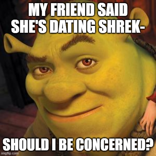 My friend lilly said she is dating shrek | MY FRIEND SAID SHE'S DATING SHREK-; SHOULD I BE CONCERNED? | image tagged in shrek is life,shrek,donkeh get off me swamp | made w/ Imgflip meme maker