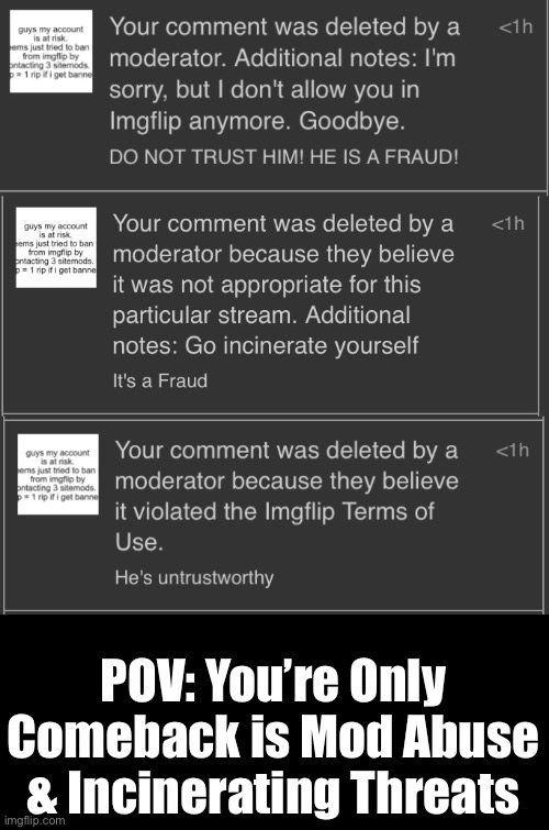 Do not Trust what_are_you. He is Fake. | POV: You’re Only Comeback is Mod Abuse & Incinerating Threats | image tagged in imgflip,mod abuse | made w/ Imgflip meme maker