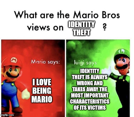 Mario Brothers on Identity Theft | IDENTITY THEFT; IDENTITY THEFT IS ALWAYS WRONG AND TAKES AWAY THE MOST IMPORTANT CHARACTERISTICS OF ITS VICTIMS; I LOVE BEING MARIO | image tagged in mario bros views,funny memes,mario,identity theft,luigi | made w/ Imgflip meme maker