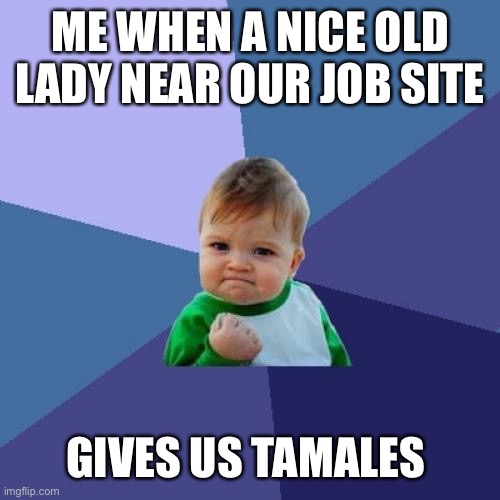 I think thats how u spell it? Idk but they were GOOD | ME WHEN A NICE OLD LADY NEAR OUR JOB SITE; GIVES US TAMALES | image tagged in memes,success kid | made w/ Imgflip meme maker
