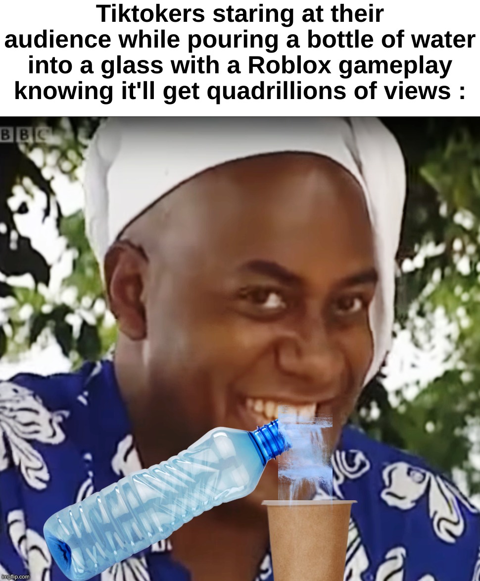 Why tho | Tiktokers staring at their audience while pouring a bottle of water into a glass with a Roblox gameplay knowing it'll get quadrillions of views : | image tagged in memes,funny,relatable,tiktok,shorts,front page plz | made w/ Imgflip meme maker