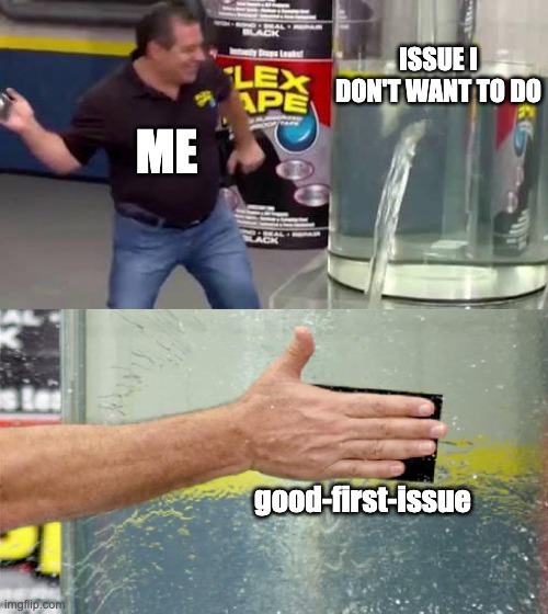 flexing a good-first-issue | ISSUE I DON'T WANT TO DO; ME; good-first-issue | image tagged in flex tape,programming,programmers,git | made w/ Imgflip meme maker
