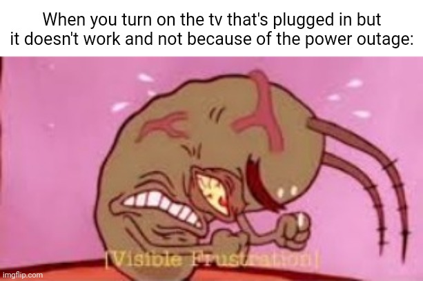Tv not working moment | When you turn on the tv that's plugged in but it doesn't work and not because of the power outage: | image tagged in visible frustration,tv,funny,memes,blank white template,television | made w/ Imgflip meme maker