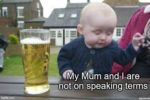 We don't talk anymore | My Mum and I are not on speaking terms | image tagged in drunk baby,public speaking,mum,fun,oh wow are you actually reading these tags | made w/ Imgflip meme maker