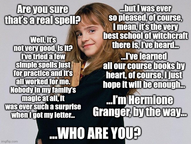 Hermione Granger's first line | ...but I was ever so pleased, of course, I mean, it’s the very best school of witchcraft there is, I’ve heard... Are you sure that’s a real spell? Well, it’s not very good, is it? I’ve tried a few simple spells just for practice and it’s all worked for me. Nobody in my family’s magic at all, it was ever such a surprise when I got my letter... ...I’ve learned all our course books by heart, of course, I just hope it will be enough... ...I’m Hermione Granger, by the way... ...WHO ARE YOU? | image tagged in harry potter,hermione granger,witch | made w/ Imgflip meme maker