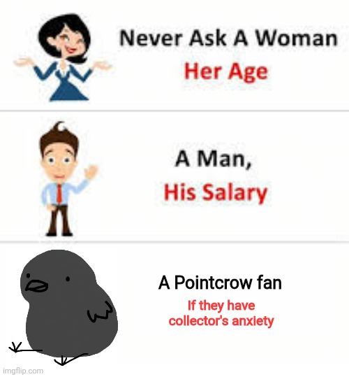 This is an inside joke | A Pointcrow fan; If they have collector's anxiety | image tagged in never ask a woman her age,pointcrow,youtuber | made w/ Imgflip meme maker