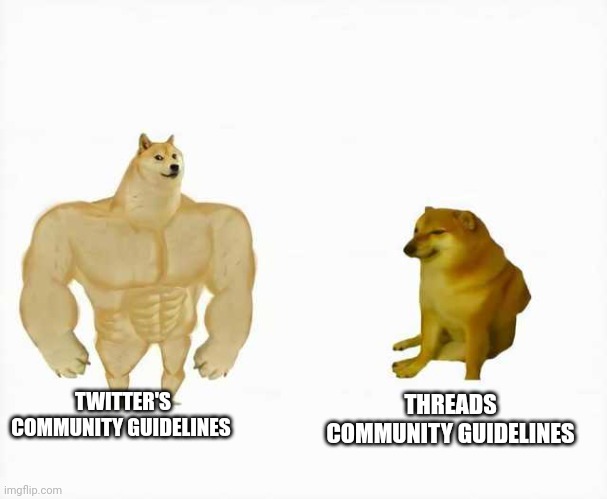 Threads vs twitter | TWITTER'S COMMUNITY GUIDELINES; THREADS COMMUNITY GUIDELINES | image tagged in strong dog vs weak dog | made w/ Imgflip meme maker