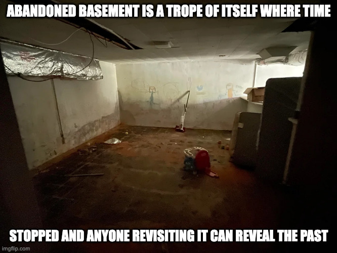 Abandoned Basement | ABANDONED BASEMENT IS A TROPE OF ITSELF WHERE TIME; STOPPED AND ANYONE REVISITING IT CAN REVEAL THE PAST | image tagged in basement,memes | made w/ Imgflip meme maker