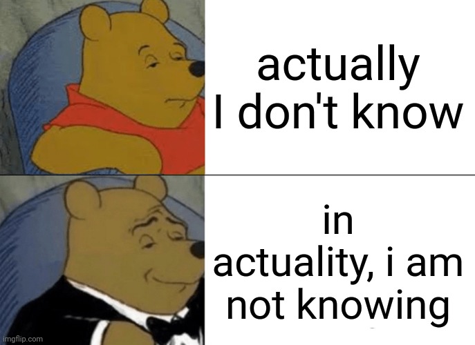 Tuxedo Winnie The Pooh | actually I don't know; in actuality, i am not knowing | image tagged in memes,tuxedo winnie the pooh,i don't know | made w/ Imgflip meme maker