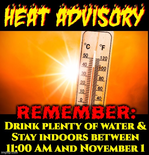 Southern States Temperature Warning | REMEMBER:; Drink plenty of water &
Stay indoors between
11:00 AM and November 1 | image tagged in vince vance,global warming,summer,heat wave,heat index,memes | made w/ Imgflip meme maker