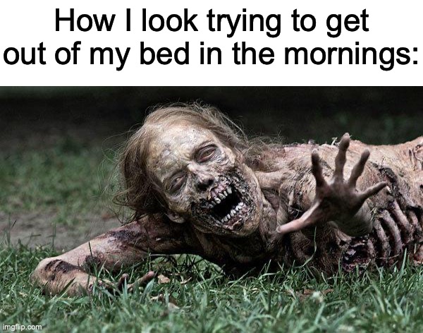 “Uuuuugh, just 5 more hours of sleep please?" | How I look trying to get out of my bed in the mornings: | image tagged in walking dead zombie | made w/ Imgflip meme maker