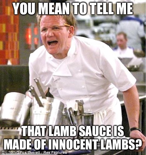 NO— | YOU MEAN TO TELL ME; THAT LAMB SAUCE IS MADE OF INNOCENT LAMBS? | image tagged in memes,chef gordon ramsay | made w/ Imgflip meme maker