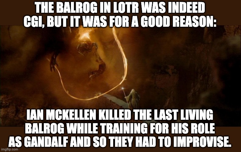 CGI | THE BALROG IN LOTR WAS INDEED CGI, BUT IT WAS FOR A GOOD REASON:; IAN MCKELLEN KILLED THE LAST LIVING BALROG WHILE TRAINING FOR HIS ROLE AS GANDALF AND SO THEY HAD TO IMPROVISE. | image tagged in gandalf and balrog,lotr,fun | made w/ Imgflip meme maker