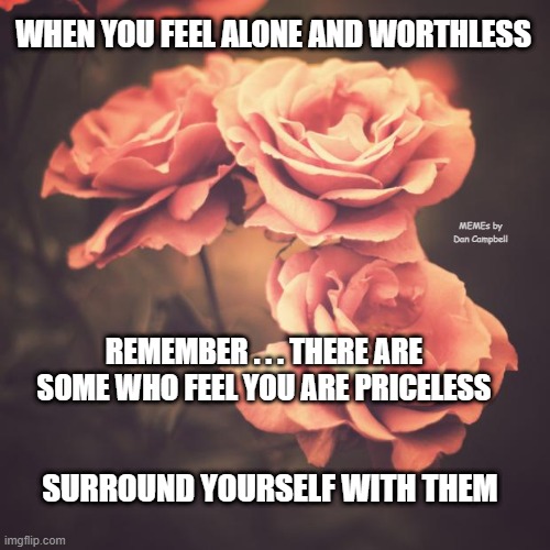 Beautiful Vintage Flowers | WHEN YOU FEEL ALONE AND WORTHLESS; MEMEs by Dan Campbell; REMEMBER . . . THERE ARE SOME WHO FEEL YOU ARE PRICELESS; SURROUND YOURSELF WITH THEM | image tagged in beautiful vintage flowers | made w/ Imgflip meme maker