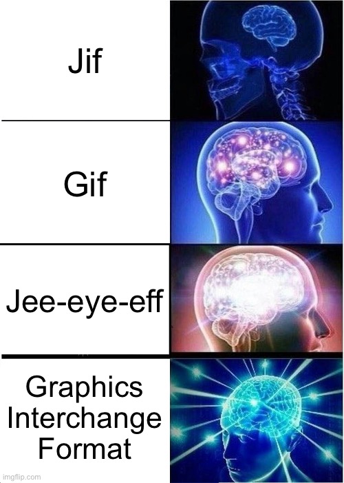 Jee-eye-eff | Jif; Gif; Jee-eye-eff; Graphics Interchange Format | image tagged in memes,expanding brain,gif,pronunciation | made w/ Imgflip meme maker