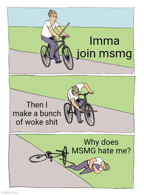 Dawn in a Nutshell | Imma join msmg; Then I make a bunch of woke shit; Why does MSMG hate me? | image tagged in memes,bike fall | made w/ Imgflip meme maker
