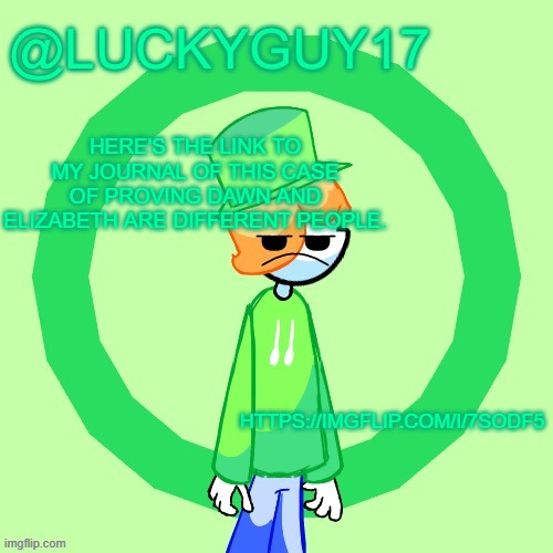 LuckyGuy17 Template | HERE'S THE LINK TO MY JOURNAL OF THIS CASE OF PROVING DAWN AND ELIZABETH ARE DIFFERENT PEOPLE. HTTPS://IMGFLIP.COM/I/7SODF5 | image tagged in luckyguy17 template | made w/ Imgflip meme maker