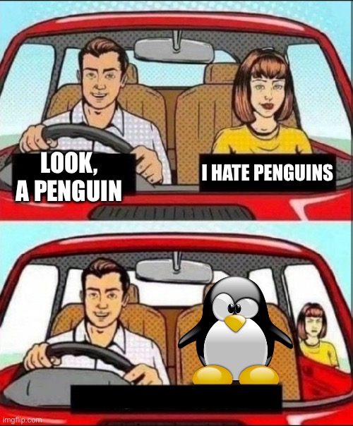 Hater | I HATE PENGUINS; LOOK, A PENGUIN | image tagged in cartoon couple driving in car,hater,penguin | made w/ Imgflip meme maker